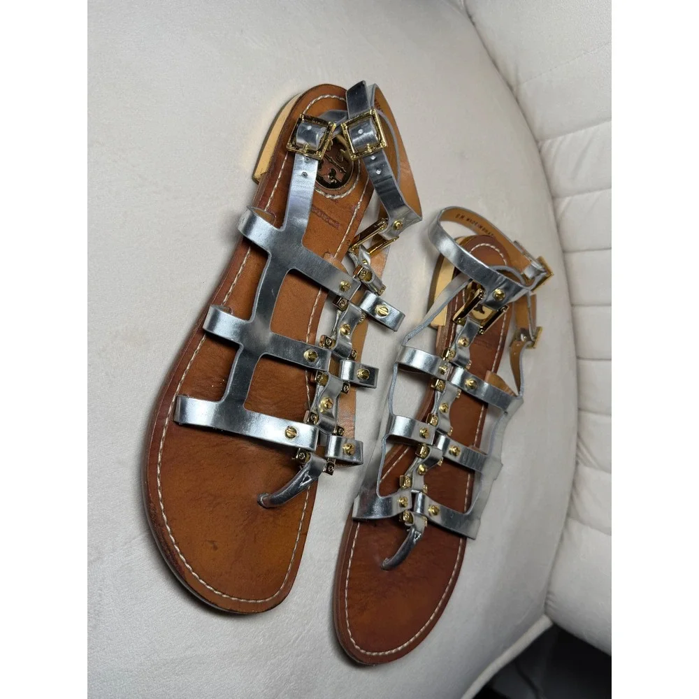 Tory Burch Metallic Silver Leather Gladiator Sandals Gold Hardware Womens Size 8